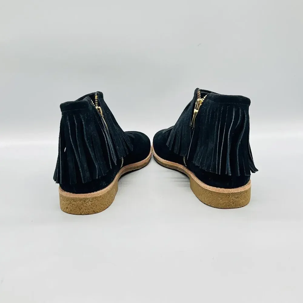 Kate Spade Boots Womens 10 Black Suede Fringe Ankle Low Heel Booties Shoes